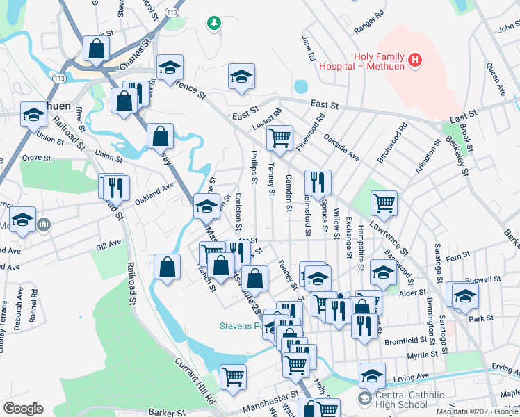 map of restaurants, bars, coffee shops, grocery stores, and more near 69 Phillips St in Methuen