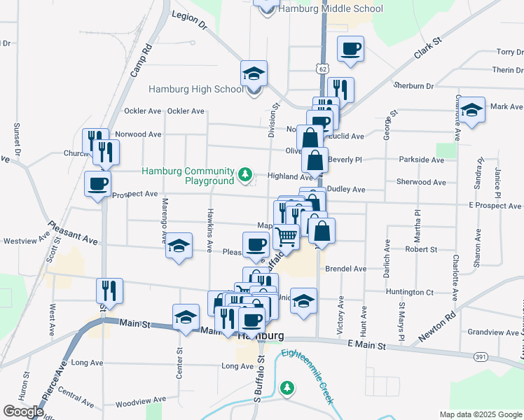 map of restaurants, bars, coffee shops, grocery stores, and more near 24 Division St in Hamburg