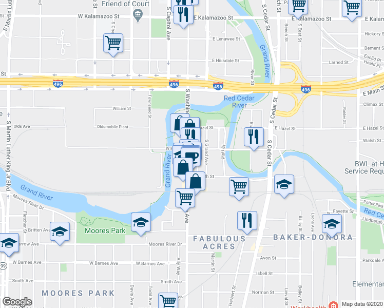 map of restaurants, bars, coffee shops, grocery stores, and more near 1107 South Washington Avenue in Lansing