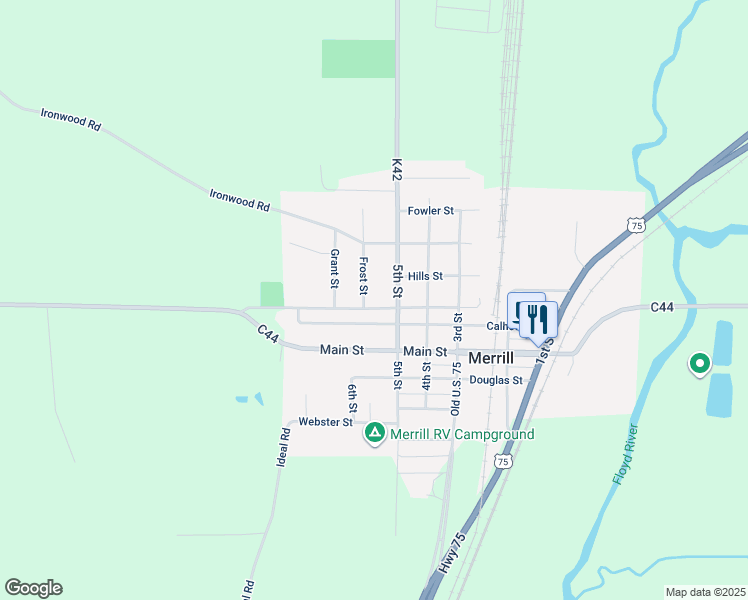 map of restaurants, bars, coffee shops, grocery stores, and more near 521-599 Center Street in Merrill