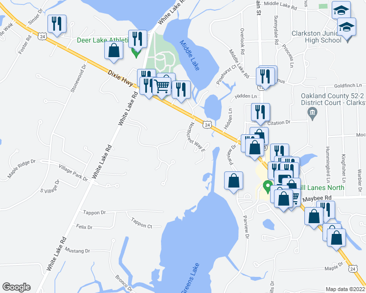 map of restaurants, bars, coffee shops, grocery stores, and more near 5729 Leeward Court in Clarkston