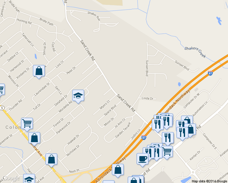 map of restaurants, bars, coffee shops, grocery stores, and more near Sand Creek Road in Colonie