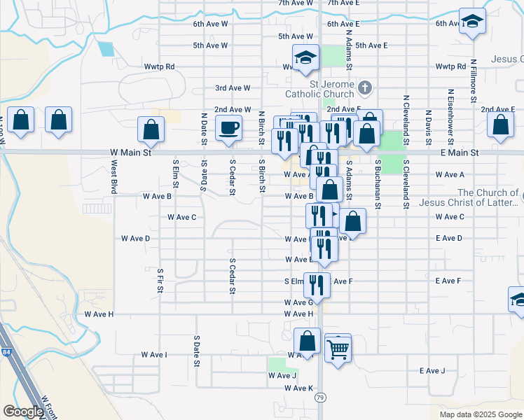 map of restaurants, bars, coffee shops, grocery stores, and more near 313 South Birch Street in Jerome