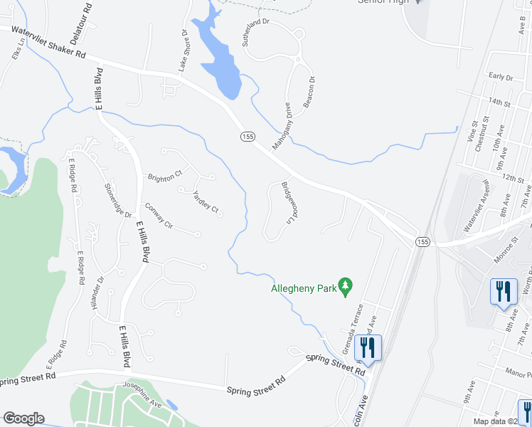 map of restaurants, bars, coffee shops, grocery stores, and more near 27 Bridgewood Lane in Watervliet