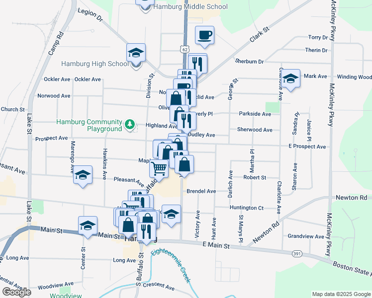map of restaurants, bars, coffee shops, grocery stores, and more near 20 Elizabeth Street in Hamburg