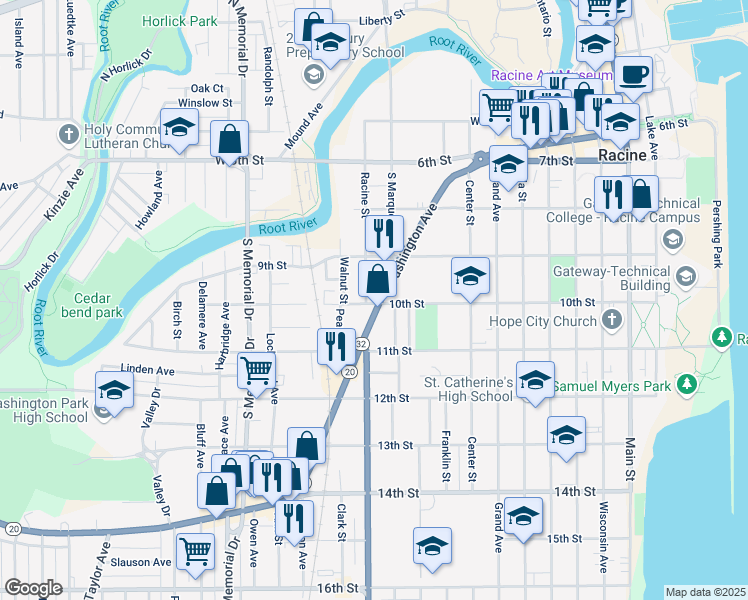 map of restaurants, bars, coffee shops, grocery stores, and more near 958 Washington Avenue in Racine