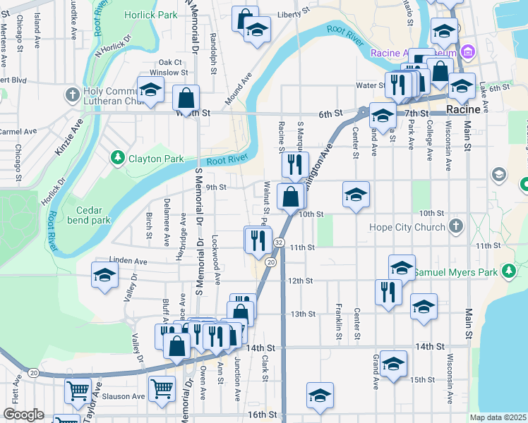 map of restaurants, bars, coffee shops, grocery stores, and more near 946 Walnut Street in Racine