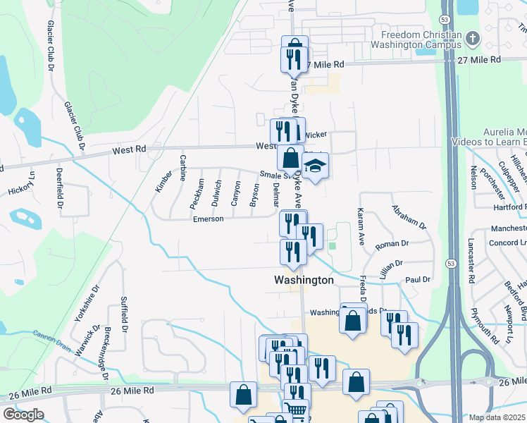 map of restaurants, bars, coffee shops, grocery stores, and more near 7625 Emerson in Washington