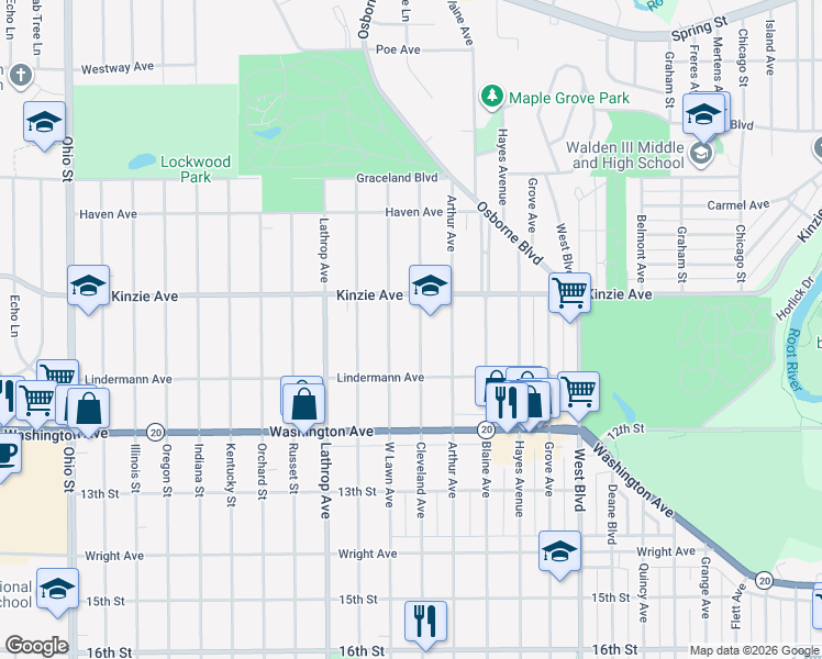 map of restaurants, bars, coffee shops, grocery stores, and more near 937 West Lawn Avenue in Racine