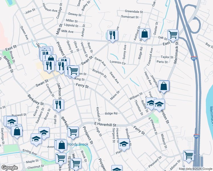 map of restaurants, bars, coffee shops, grocery stores, and more near 27B Boston Street in Lawrence
