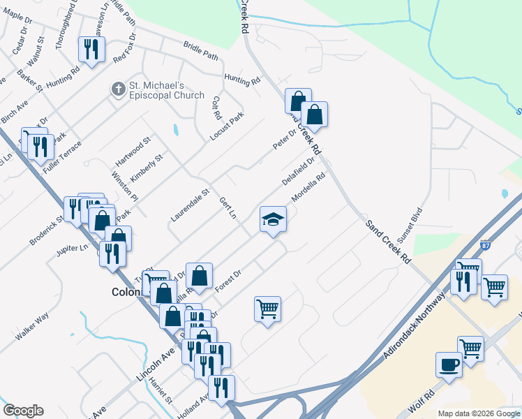 map of restaurants, bars, coffee shops, grocery stores, and more near 59 Delafield Drive in Colonie