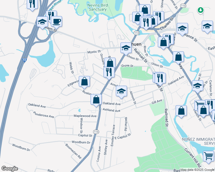 map of restaurants, bars, coffee shops, grocery stores, and more near 94 Lowell Street in Methuen