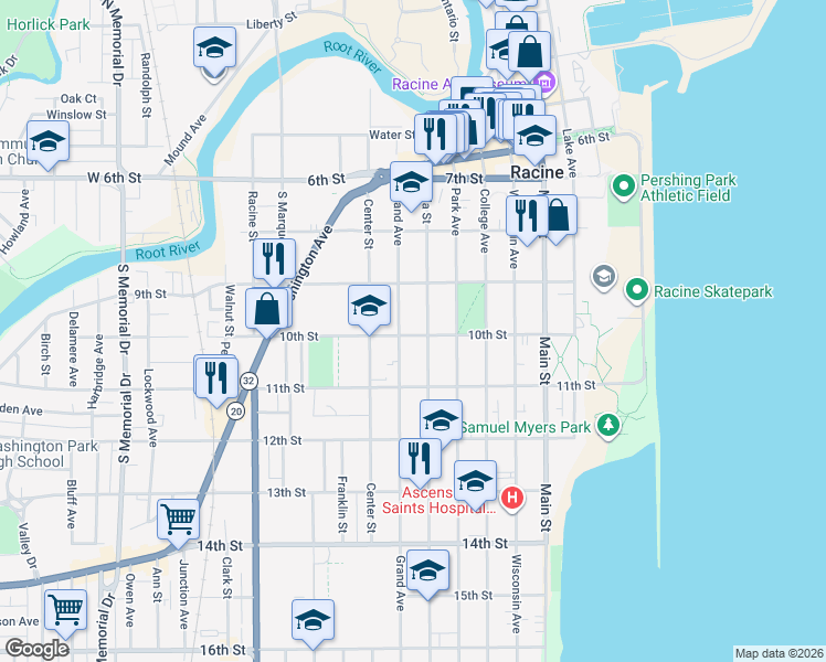 map of restaurants, bars, coffee shops, grocery stores, and more near 610 10th Street in Racine