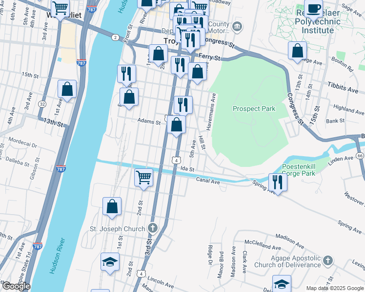 map of restaurants, bars, coffee shops, grocery stores, and more near 105 Jefferson Street in Troy