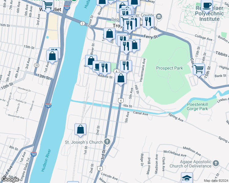 map of restaurants, bars, coffee shops, grocery stores, and more near in Troy
