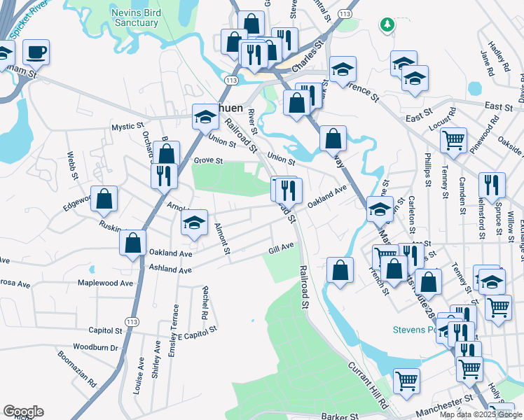 map of restaurants, bars, coffee shops, grocery stores, and more near 18 Arnold Street in Methuen