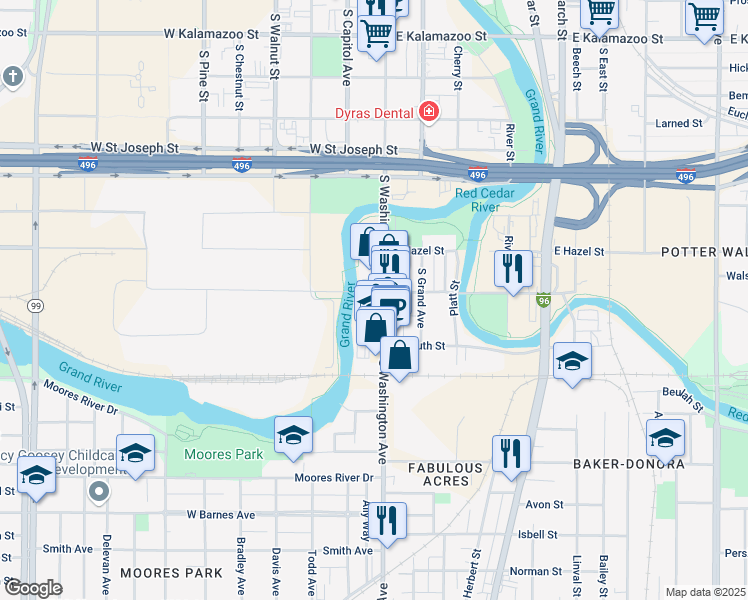map of restaurants, bars, coffee shops, grocery stores, and more near 120 Gross Court in Lansing