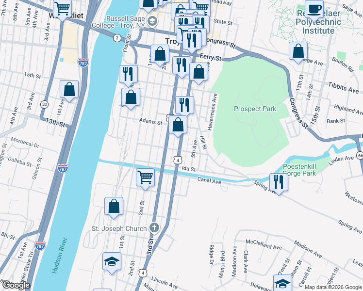 map of restaurants, bars, coffee shops, grocery stores, and more near 105 Jefferson Street in Troy