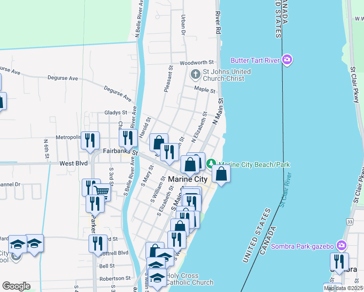 map of restaurants, bars, coffee shops, grocery stores, and more near 234 North William Street in Marine City