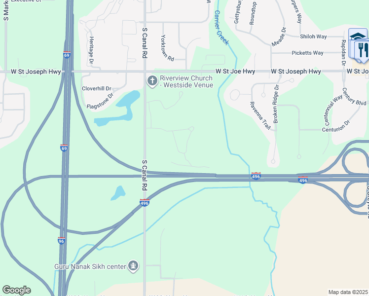 map of restaurants, bars, coffee shops, grocery stores, and more near 1106 Red Cliffe Drive in Lansing