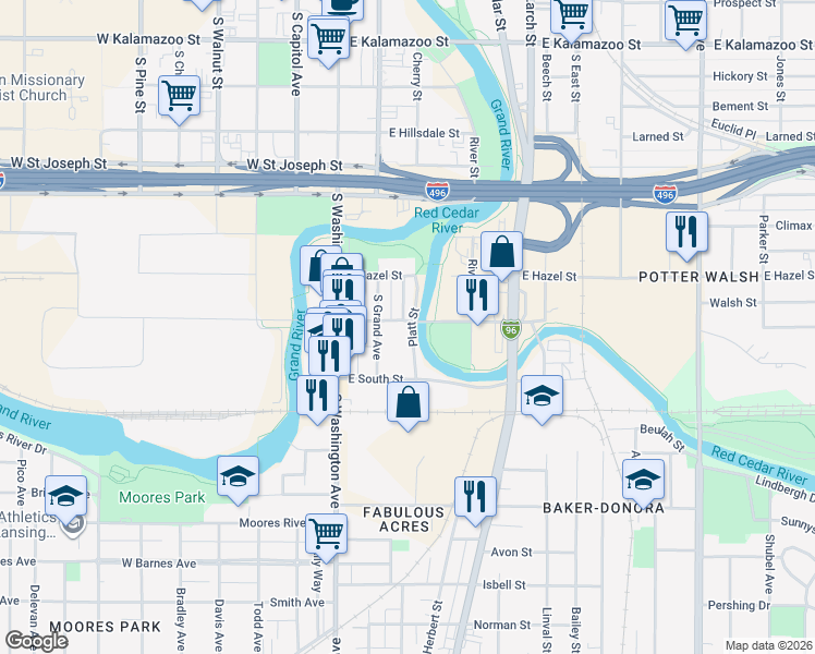 map of restaurants, bars, coffee shops, grocery stores, and more near 222 East Elm Street in Lansing