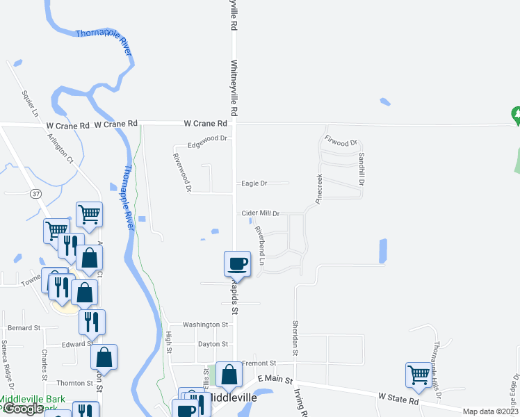 map of restaurants, bars, coffee shops, grocery stores, and more near 425 Cider Mill Drive in Middleville