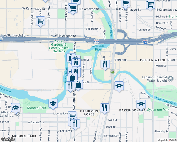 map of restaurants, bars, coffee shops, grocery stores, and more near 218 East Elm Street in Lansing