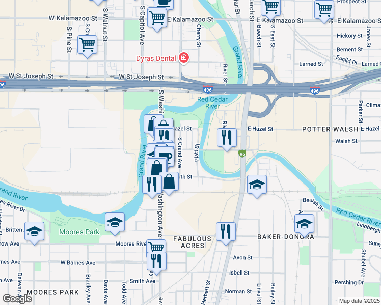 map of restaurants, bars, coffee shops, grocery stores, and more near 1105 South Grand Avenue in Lansing