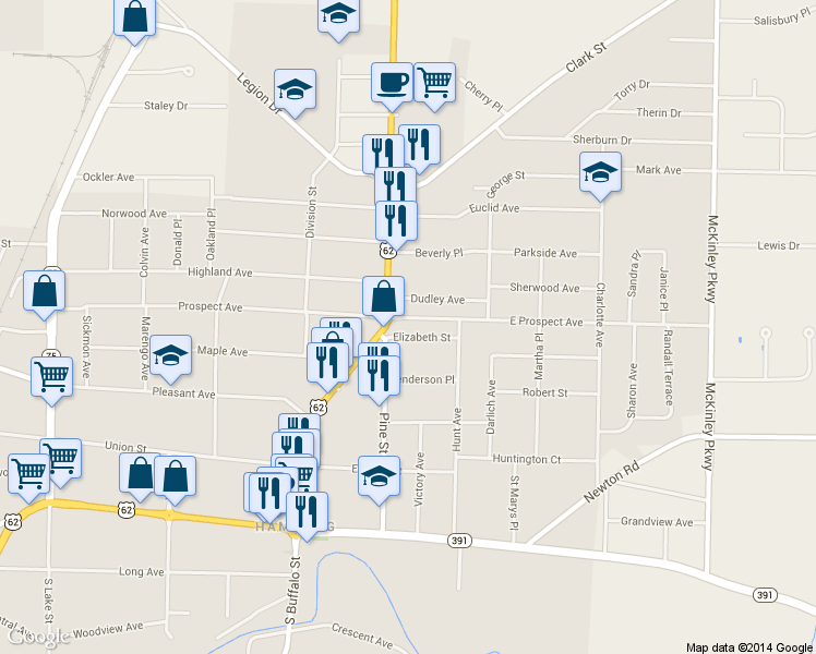 map of restaurants, bars, coffee shops, grocery stores, and more near 20 Elizabeth Street in Hamburg