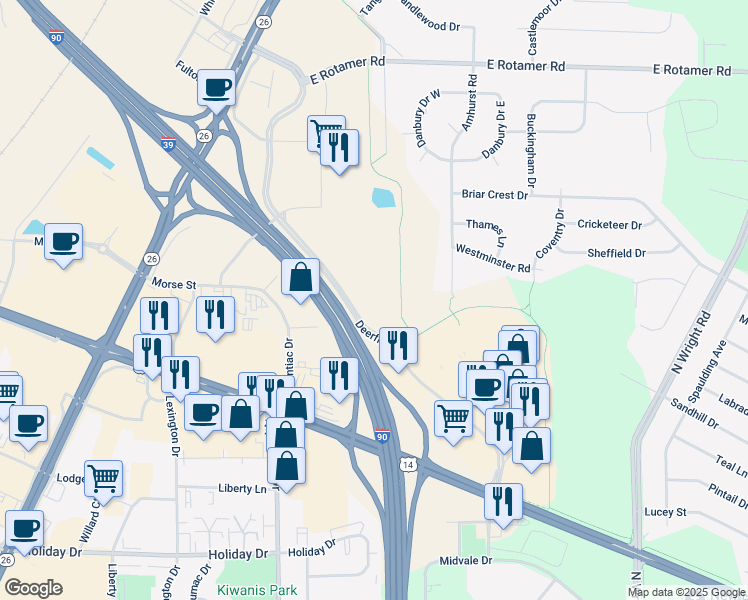 map of restaurants, bars, coffee shops, grocery stores, and more near 3400 Deerfield Drive in Janesville