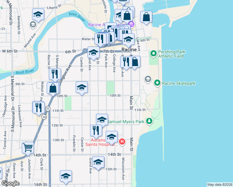 map of restaurants, bars, coffee shops, grocery stores, and more near 320 10th Street in Racine