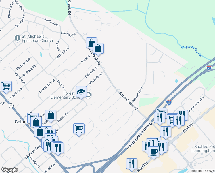map of restaurants, bars, coffee shops, grocery stores, and more near 5 Terry Court in Colonie