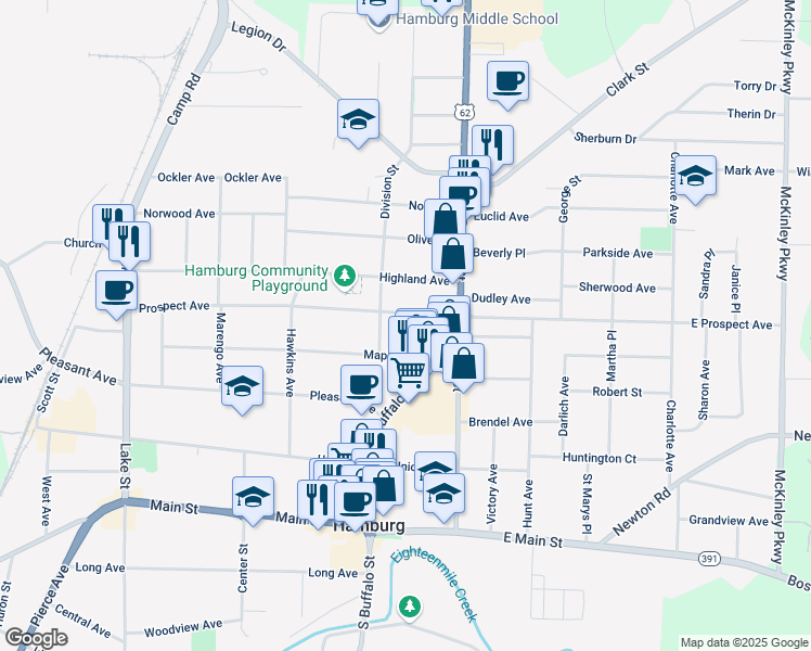 map of restaurants, bars, coffee shops, grocery stores, and more near 56 Prospect Avenue in Hamburg
