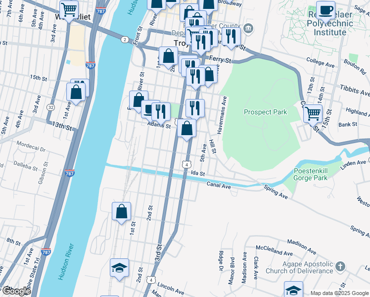 map of restaurants, bars, coffee shops, grocery stores, and more near in Troy