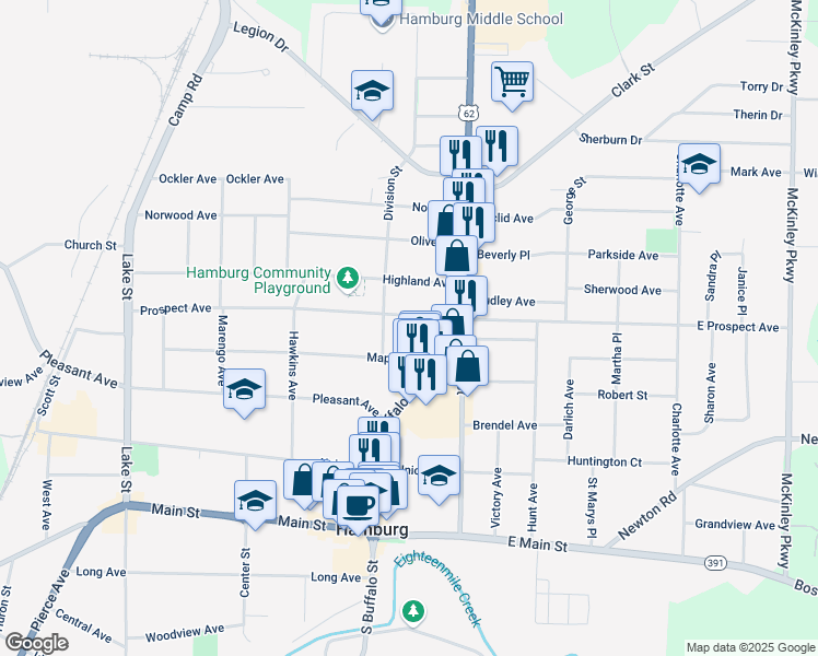map of restaurants, bars, coffee shops, grocery stores, and more near 56 Prospect Avenue in Hamburg