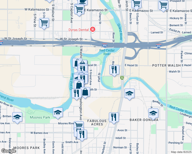 map of restaurants, bars, coffee shops, grocery stores, and more near 1105 South Grand Avenue in Lansing
