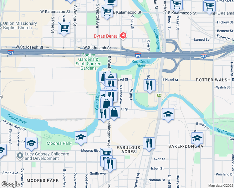 map of restaurants, bars, coffee shops, grocery stores, and more near 1107 South Washington Avenue in Lansing