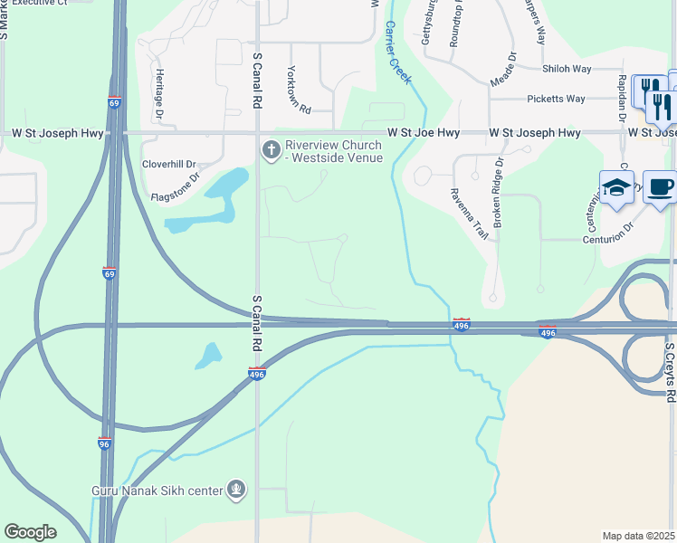 map of restaurants, bars, coffee shops, grocery stores, and more near 1106 Red Cliffe Drive in Lansing