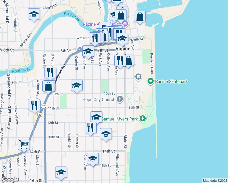 map of restaurants, bars, coffee shops, grocery stores, and more near 320 10th Street in Racine