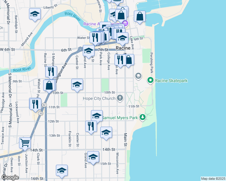 map of restaurants, bars, coffee shops, grocery stores, and more near 320 10th Street in Racine