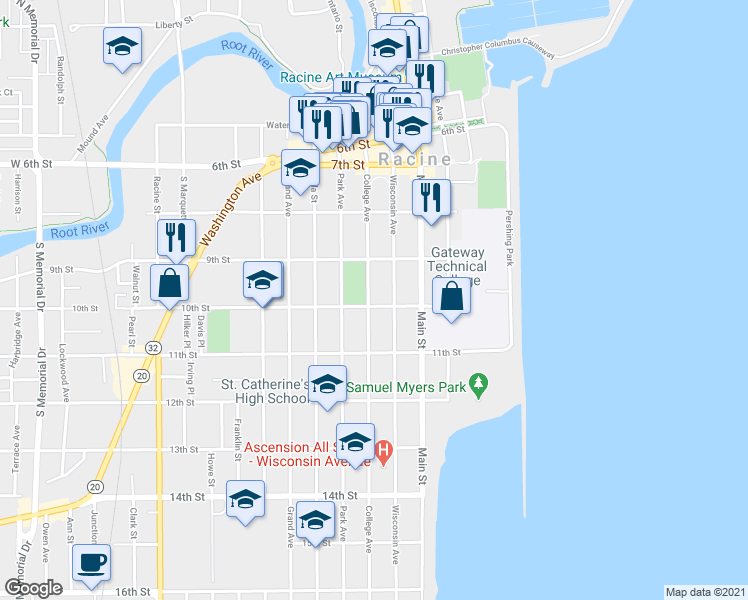 map of restaurants, bars, coffee shops, grocery stores, and more near 320 10th Street in Racine