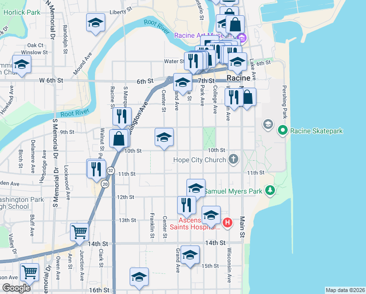 map of restaurants, bars, coffee shops, grocery stores, and more near 610 10th Street in Racine