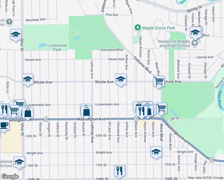map of restaurants, bars, coffee shops, grocery stores, and more near 937 West Lawn Avenue in Racine