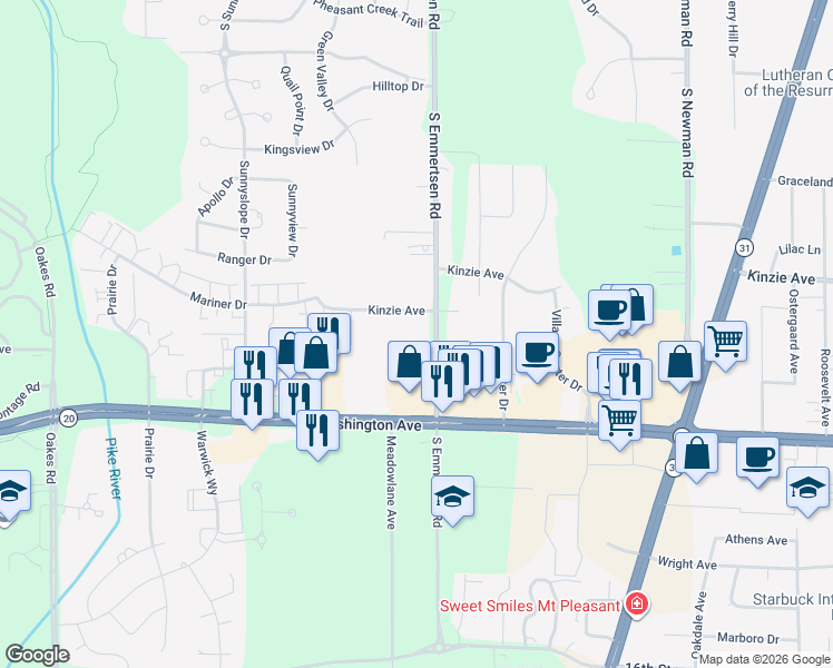 map of restaurants, bars, coffee shops, grocery stores, and more near 1008 South Emmertsen Road in Mount Pleasant