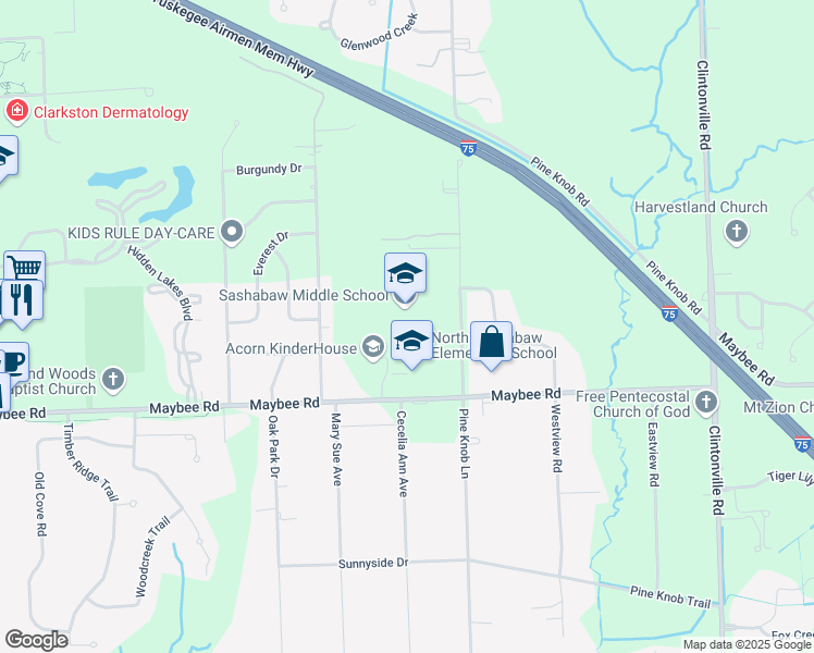 map of restaurants, bars, coffee shops, grocery stores, and more near 5565 Pine Knob Road in Clarkston