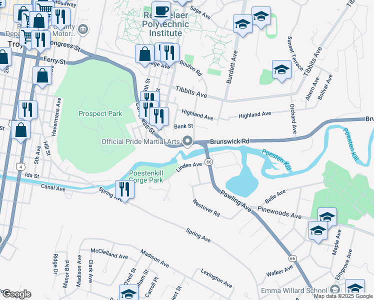 map of restaurants, bars, coffee shops, grocery stores, and more near 548 Congress St in Troy
