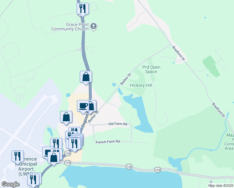 map of restaurants, bars, coffee shops, grocery stores, and more near 155 Barker Street in North Andover