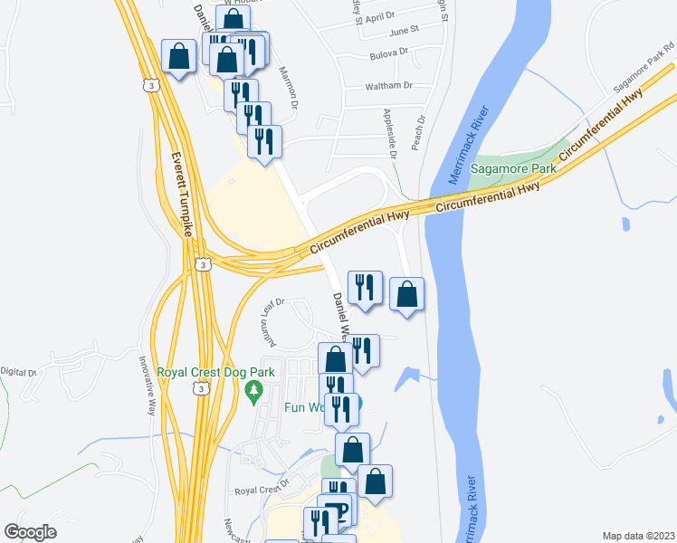 map of restaurants, bars, coffee shops, grocery stores, and more near 160 Daniel Webster Highway in Nashua