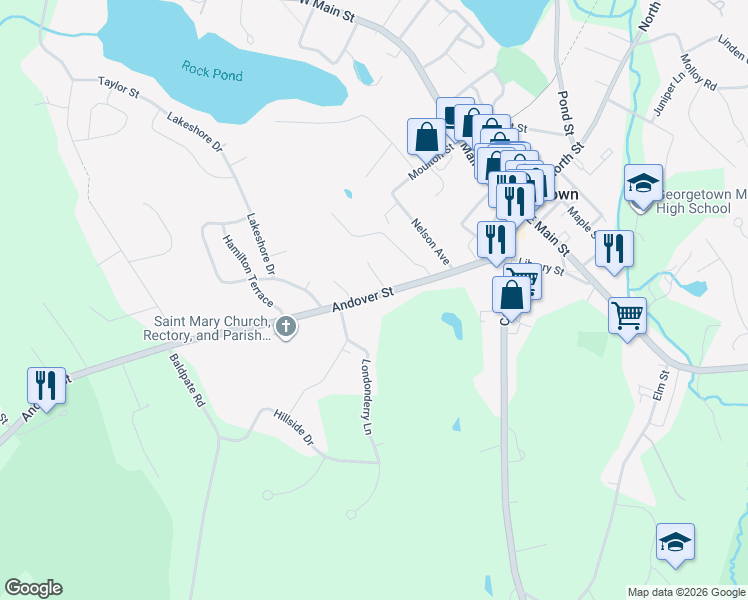 map of restaurants, bars, coffee shops, grocery stores, and more near 60 Andover Street in Georgetown
