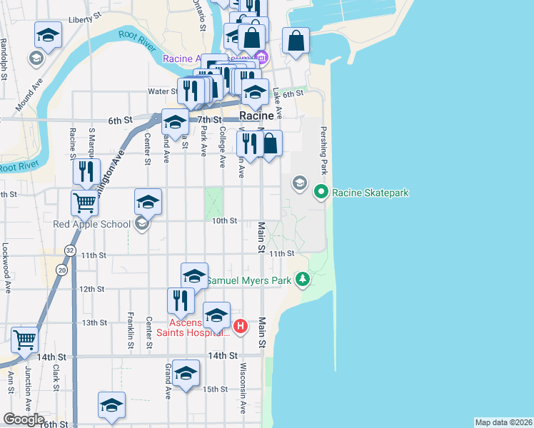 map of restaurants, bars, coffee shops, grocery stores, and more near 1001 Lake Avenue in Racine
